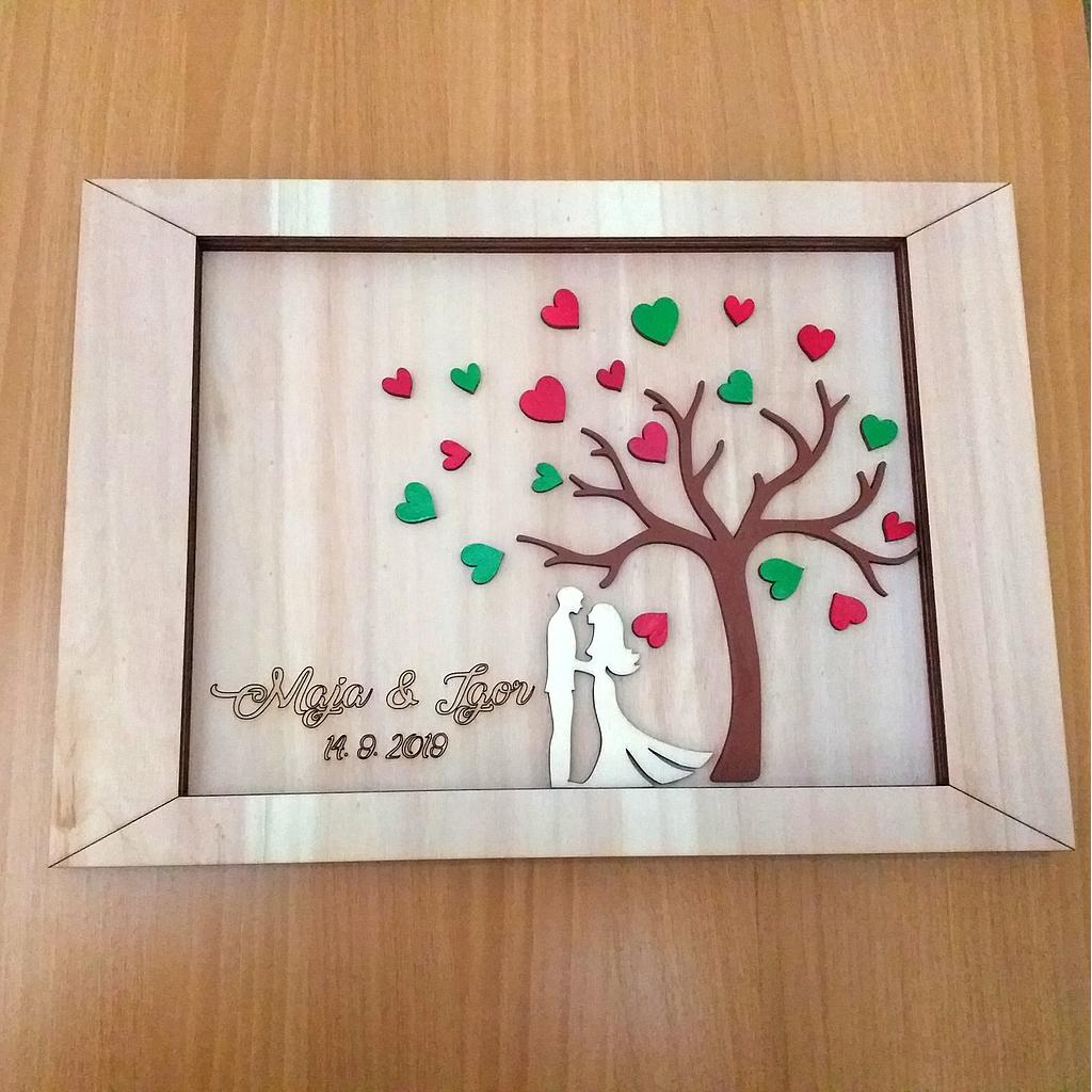 Lesen okvir z drevesom, srčki, napisom